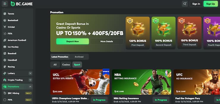 Featured promos on BC Game, a top online sports betting option in West Virginia.
